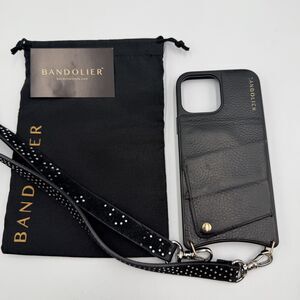 BANDOLIER Black Leather Crossbody iPhone 13/14 Pro Max Case; Rhinestone Strap